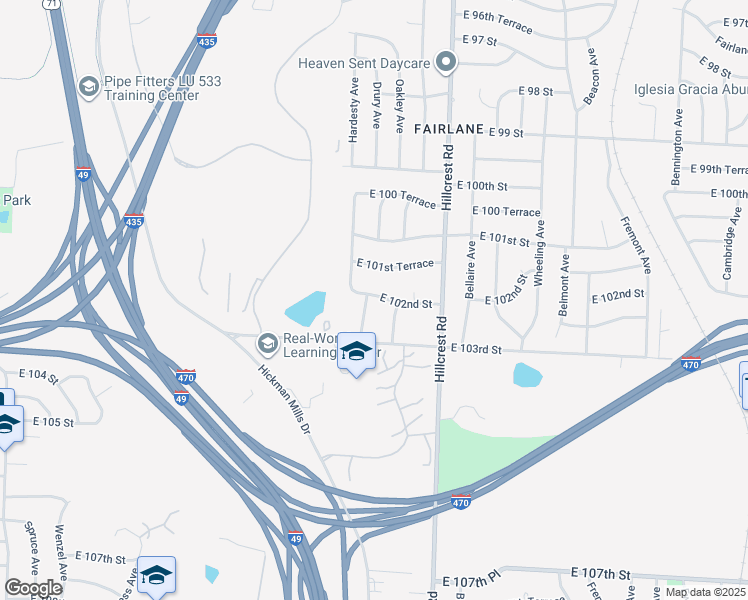 map of restaurants, bars, coffee shops, grocery stores, and more near 10201 Drury Avenue in Kansas City