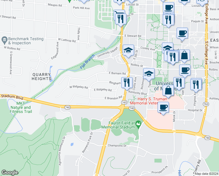 map of restaurants, bars, coffee shops, grocery stores, and more near 205 East Ridgeley Road in Columbia