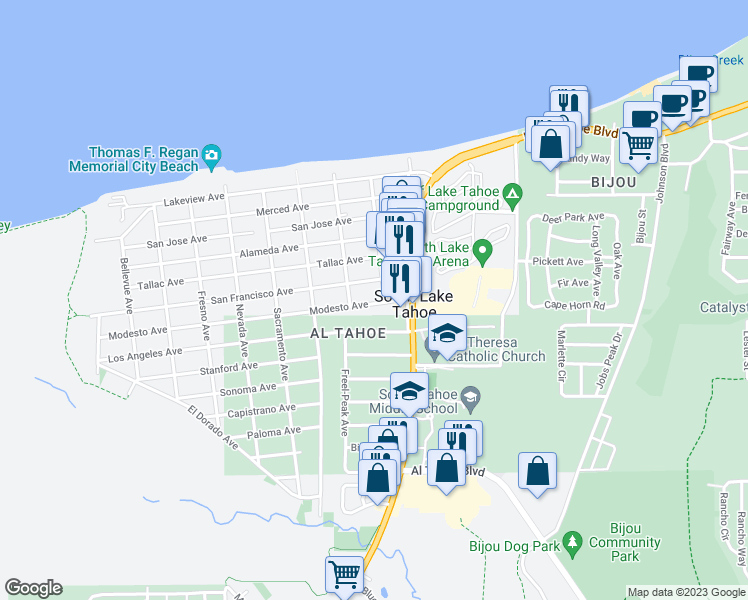map of restaurants, bars, coffee shops, grocery stores, and more near 953 Modesto Avenue in South Lake Tahoe