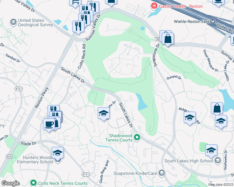 map of restaurants, bars, coffee shops, grocery stores, and more near 11732 Putting Green Court in Reston