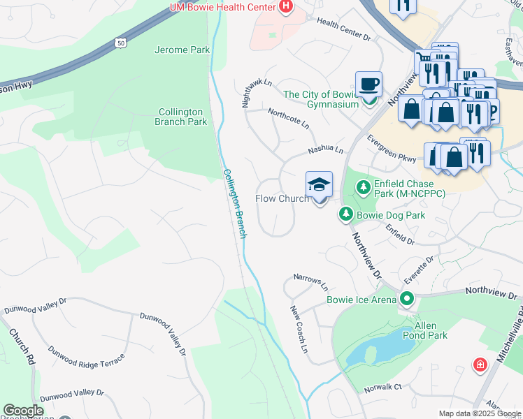 map of restaurants, bars, coffee shops, grocery stores, and more near 14920 Nashua Lane in Bowie