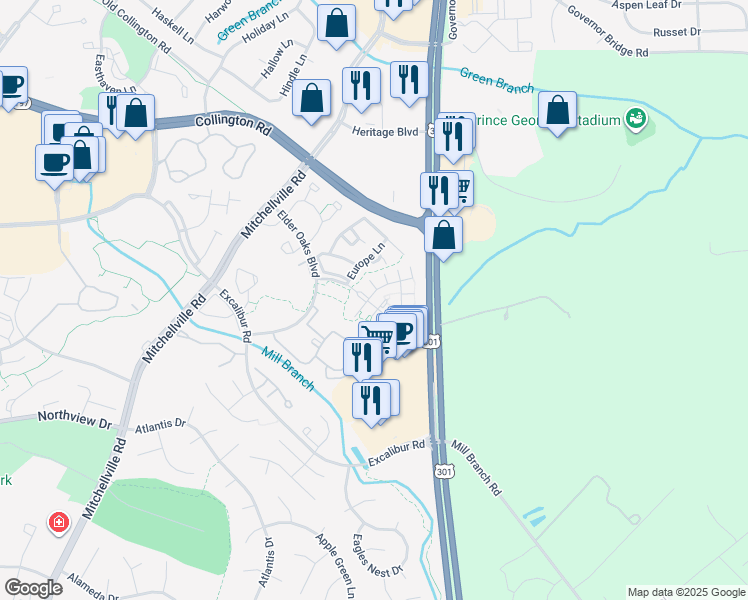 map of restaurants, bars, coffee shops, grocery stores, and more near 3801 Elmcrest Lane in Bowie