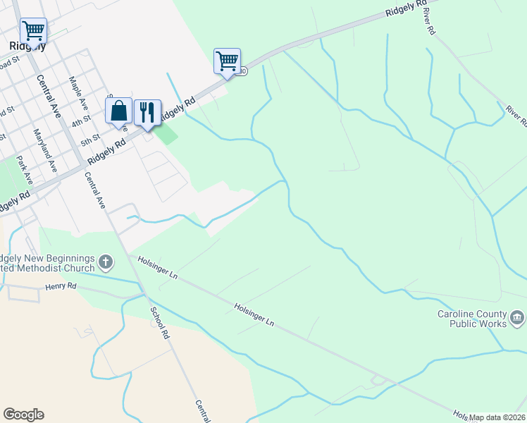 map of restaurants, bars, coffee shops, grocery stores, and more near 23904 Holsinger Lane in Ridgely