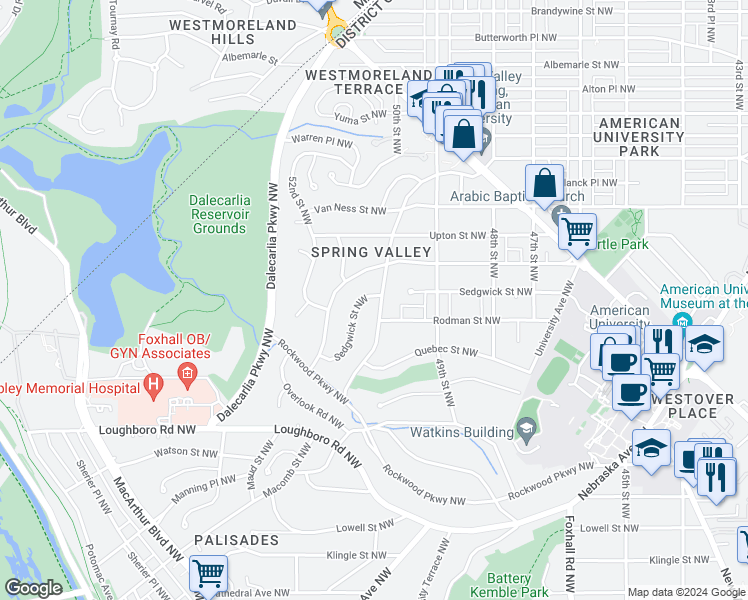 map of restaurants, bars, coffee shops, grocery stores, and more near 3822 Fordham Road Northwest in Washington