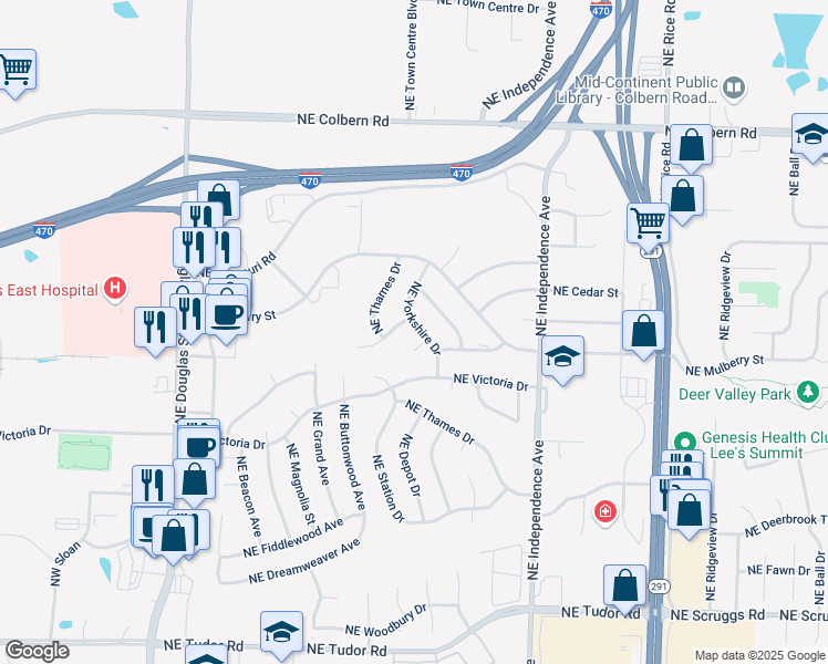 map of restaurants, bars, coffee shops, grocery stores, and more near 1522 Northeast Yorkshire Drive in Lee's Summit