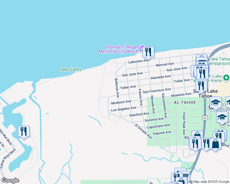 map of restaurants, bars, coffee shops, grocery stores, and more near 3097 Bellevue Avenue in South Lake Tahoe
