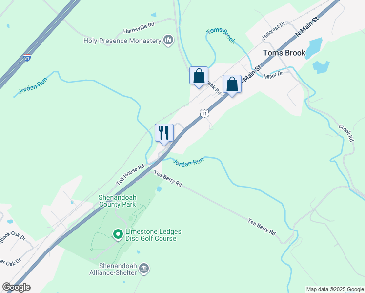 map of restaurants, bars, coffee shops, grocery stores, and more near 25986 Old Valley Pike in Toms Brook
