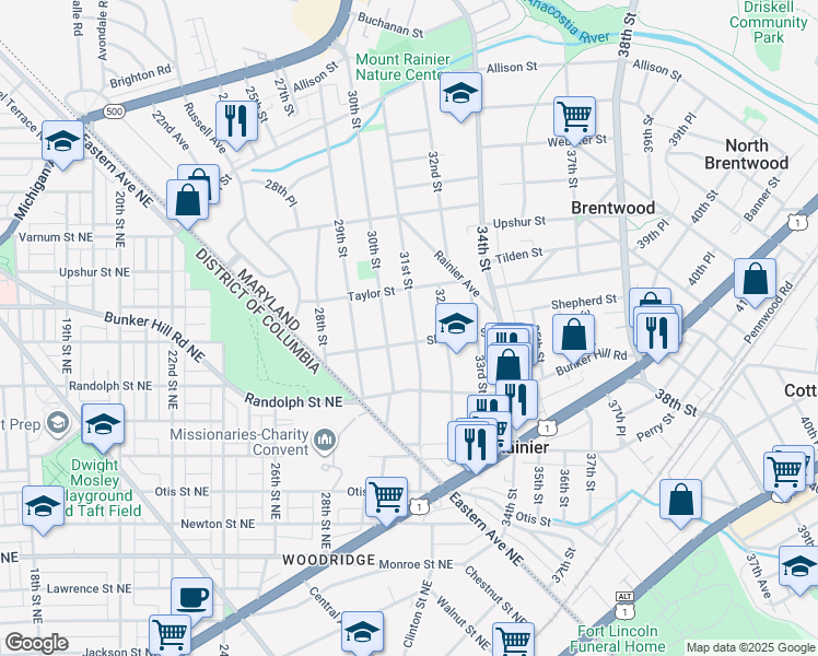 map of restaurants, bars, coffee shops, grocery stores, and more near 4104 31st Street in Mount Rainier