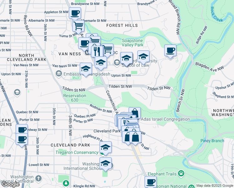 map of restaurants, bars, coffee shops, grocery stores, and more near 3883 Connecticut Avenue Northwest in Washington