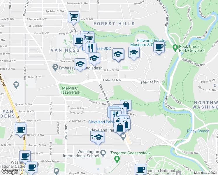 map of restaurants, bars, coffee shops, grocery stores, and more near 3883 Connecticut Avenue Northwest in Washington