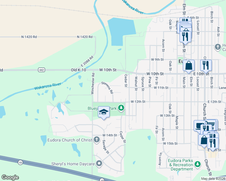 map of restaurants, bars, coffee shops, grocery stores, and more near 21 Ithica Court in Eudora