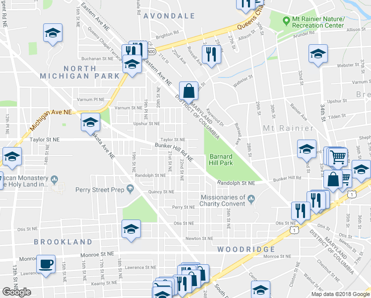 map of restaurants, bars, coffee shops, grocery stores, and more near 4111 22nd Street Northeast in Washington