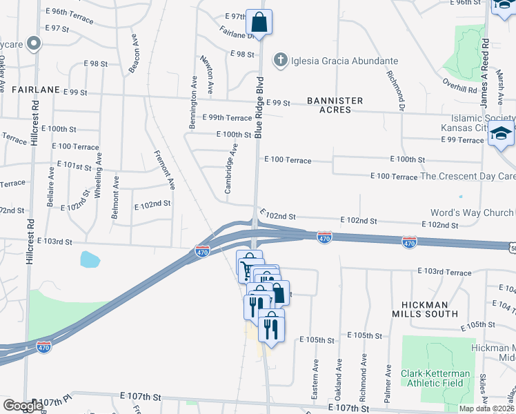 map of restaurants, bars, coffee shops, grocery stores, and more near 10200 Blue Ridge Boulevard in Kansas City