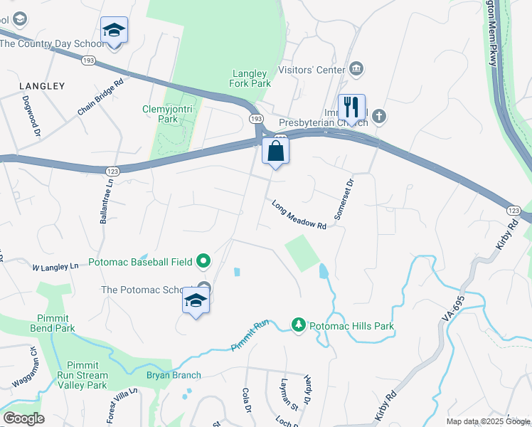 map of restaurants, bars, coffee shops, grocery stores, and more near 1225 Perry William Drive in McLean