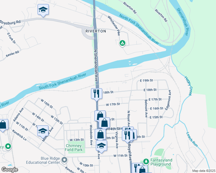 map of restaurants, bars, coffee shops, grocery stores, and more near 125 West 18th Street in Front Royal