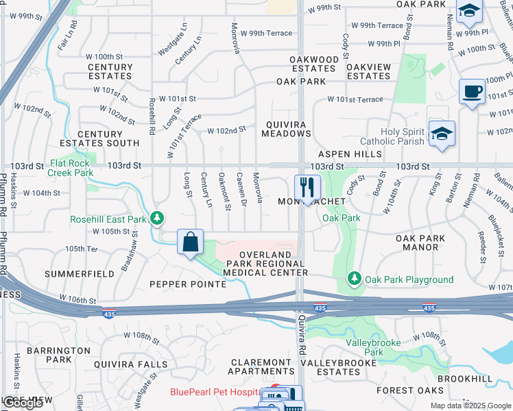 map of restaurants, bars, coffee shops, grocery stores, and more near 10408 Monrovia in Lenexa