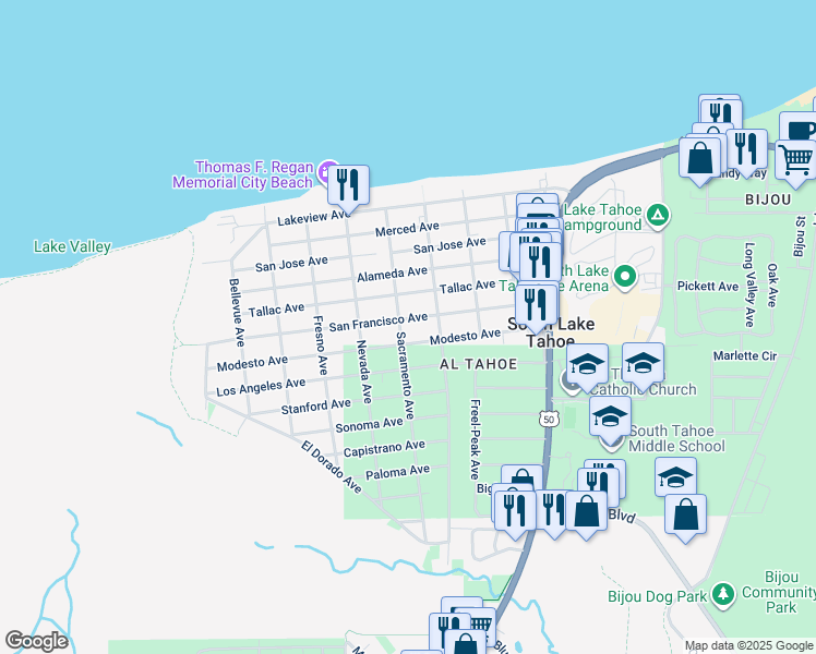 map of restaurants, bars, coffee shops, grocery stores, and more near 850 San Francisco Avenue in South Lake Tahoe