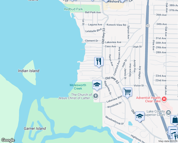 map of restaurants, bars, coffee shops, grocery stores, and more near 5935 Old Highway 53 in Clearlake