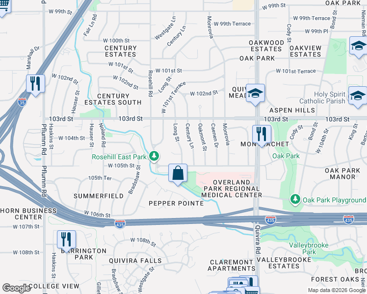 map of restaurants, bars, coffee shops, grocery stores, and more near 10402 Century Lane in Lenexa
