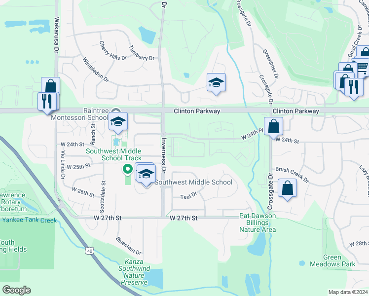 map of restaurants, bars, coffee shops, grocery stores, and more near 4301 West 24th Place in Lawrence