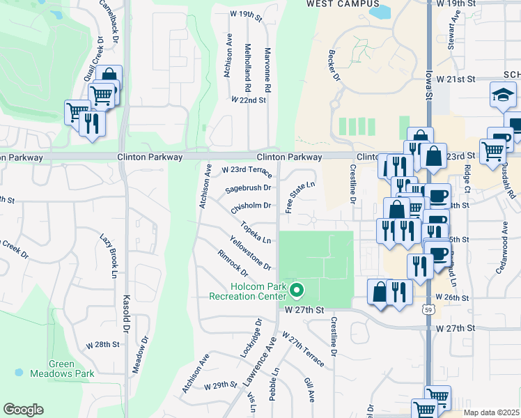 map of restaurants, bars, coffee shops, grocery stores, and more near 2913 Chisholm Drive in Lawrence