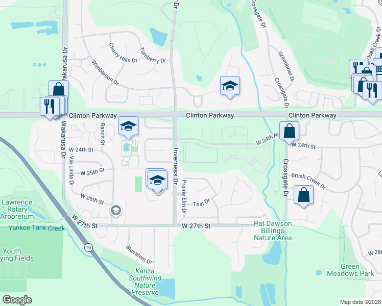map of restaurants, bars, coffee shops, grocery stores, and more near 4301 West 24th Place in Lawrence
