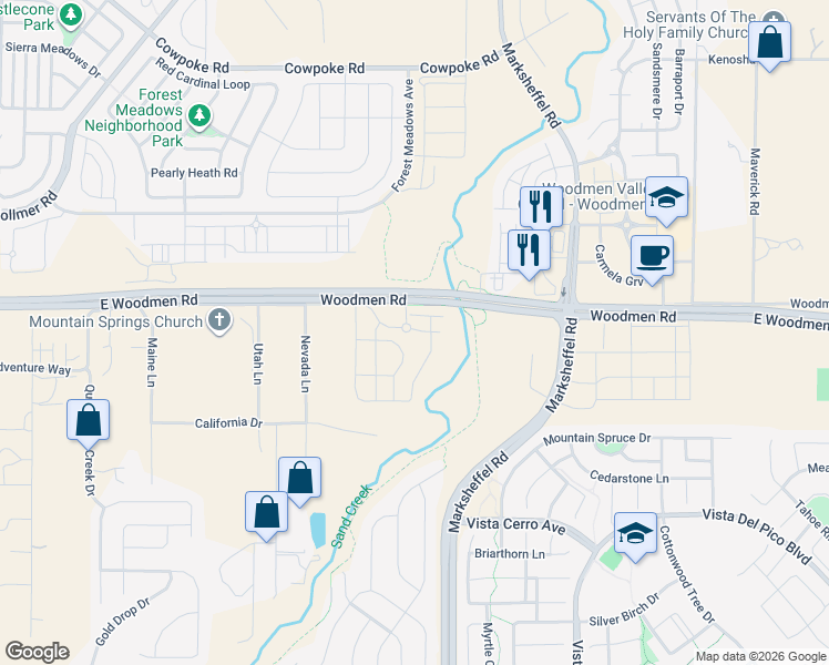 map of restaurants, bars, coffee shops, grocery stores, and more near 7525 Adventure Way in Colorado Springs