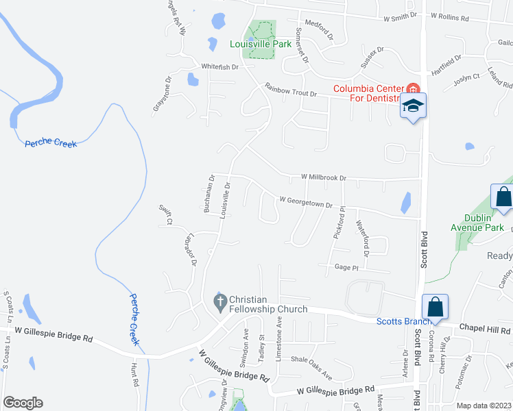 map of restaurants, bars, coffee shops, grocery stores, and more near 1413 West Georgetown Loop in Columbia