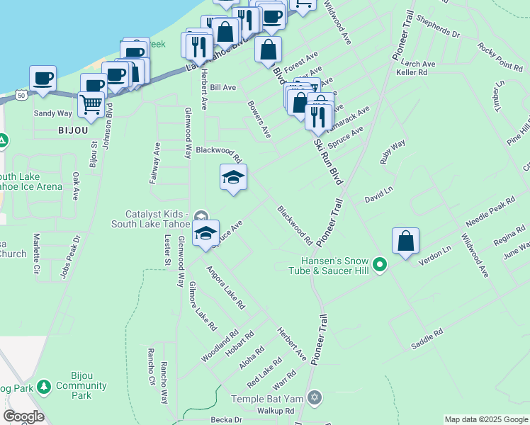 map of restaurants, bars, coffee shops, grocery stores, and more near 1276 Heather Lake Road in South Lake Tahoe