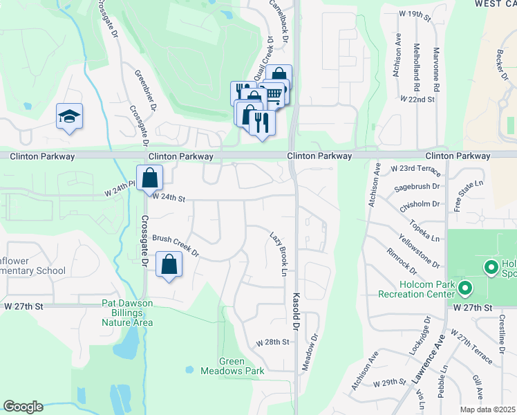 map of restaurants, bars, coffee shops, grocery stores, and more near 2417 Winterbrook Court in Lawrence