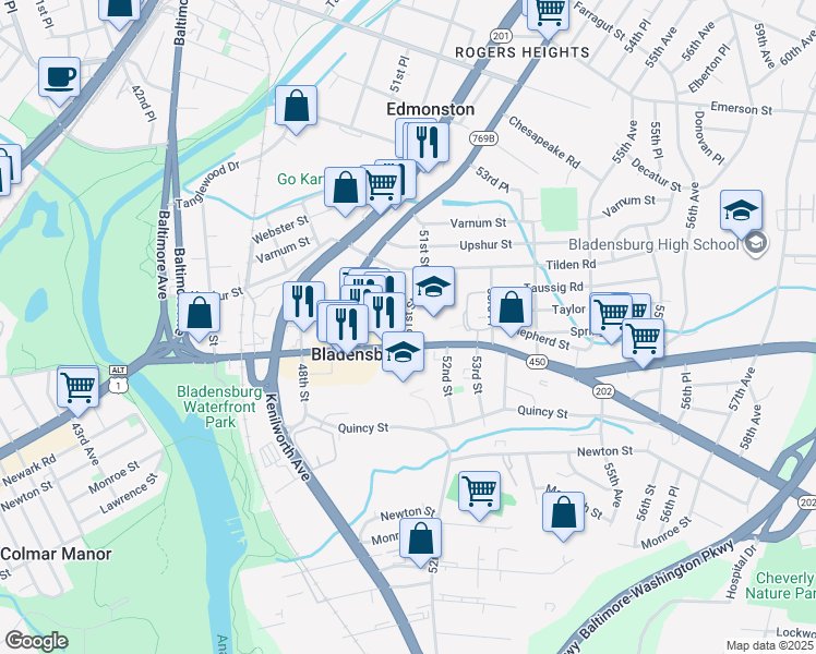 map of restaurants, bars, coffee shops, grocery stores, and more near 4107 51st St in Bladensburg