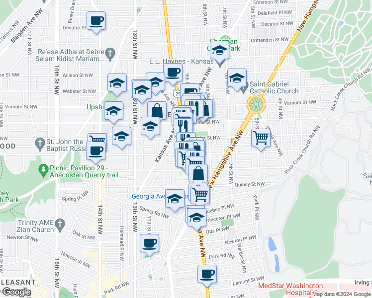 map of restaurants, bars, coffee shops, grocery stores, and more near 4014 Georgia Avenue Northwest in Washington