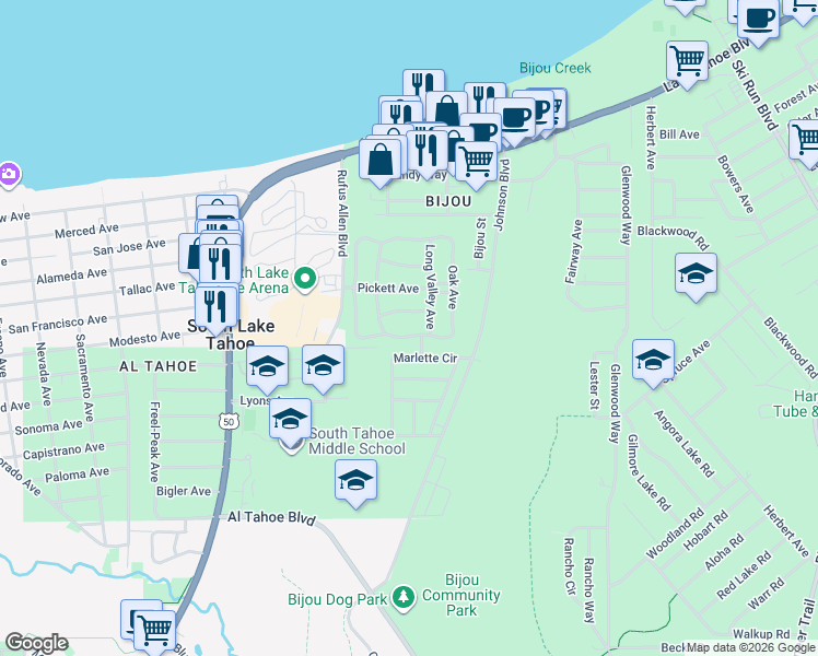 map of restaurants, bars, coffee shops, grocery stores, and more near 3339 Cape Horn Road in South Lake Tahoe