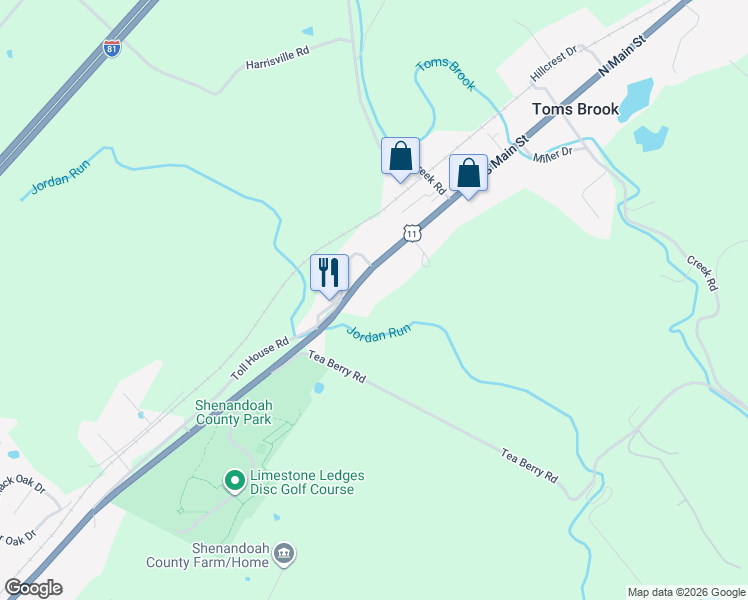 map of restaurants, bars, coffee shops, grocery stores, and more near 25986 Old Valley Pike in Toms Brook