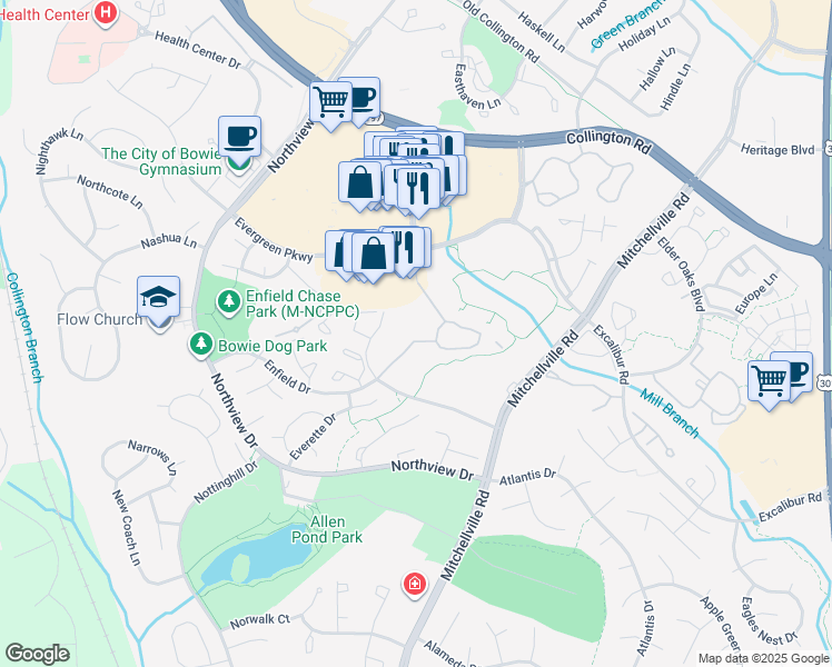 map of restaurants, bars, coffee shops, grocery stores, and more near 15606 Everglade Lane in Bowie