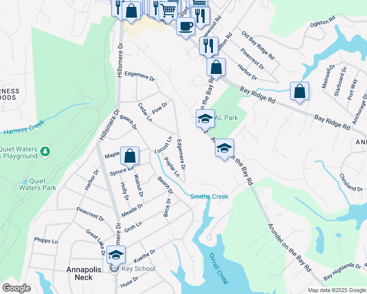 map of restaurants, bars, coffee shops, grocery stores, and more near 409 Edgemere Drive in Annapolis