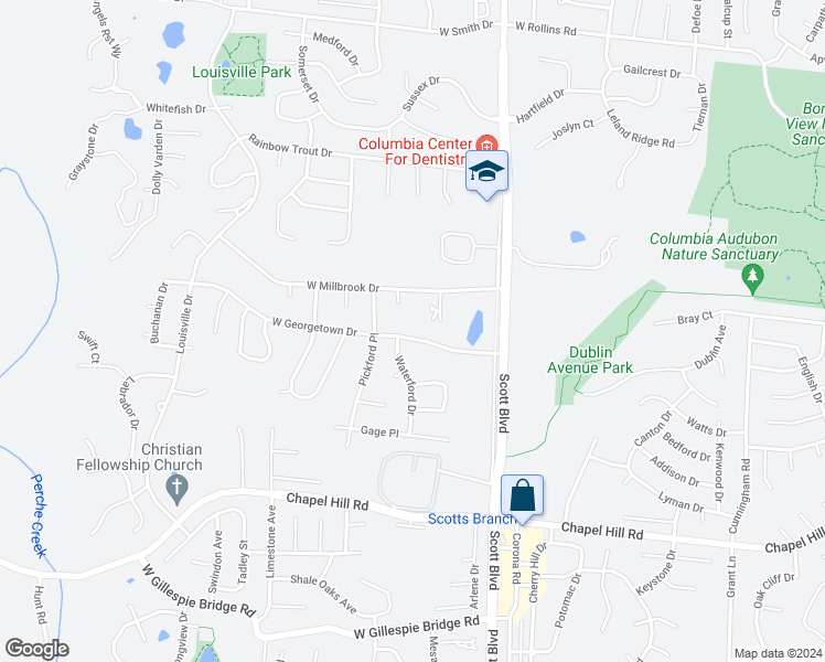 map of restaurants, bars, coffee shops, grocery stores, and more near 4503 West Georgetown Drive in Columbia