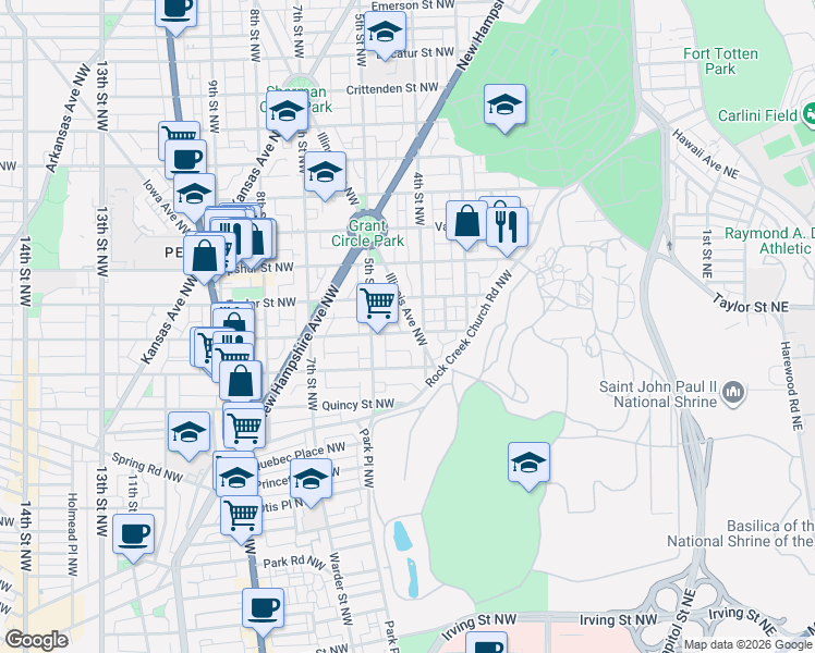 map of restaurants, bars, coffee shops, grocery stores, and more near 4000 Illinois Avenue Northwest in Washington