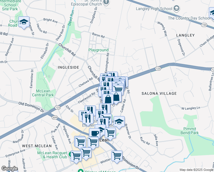 map of restaurants, bars, coffee shops, grocery stores, and more near 1301 Old Chain Bridge Road in McLean