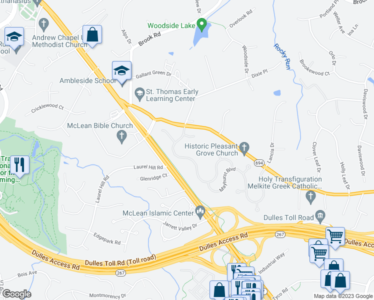 map of restaurants, bars, coffee shops, grocery stores, and more near 1413 Woodhurst Boulevard in McLean