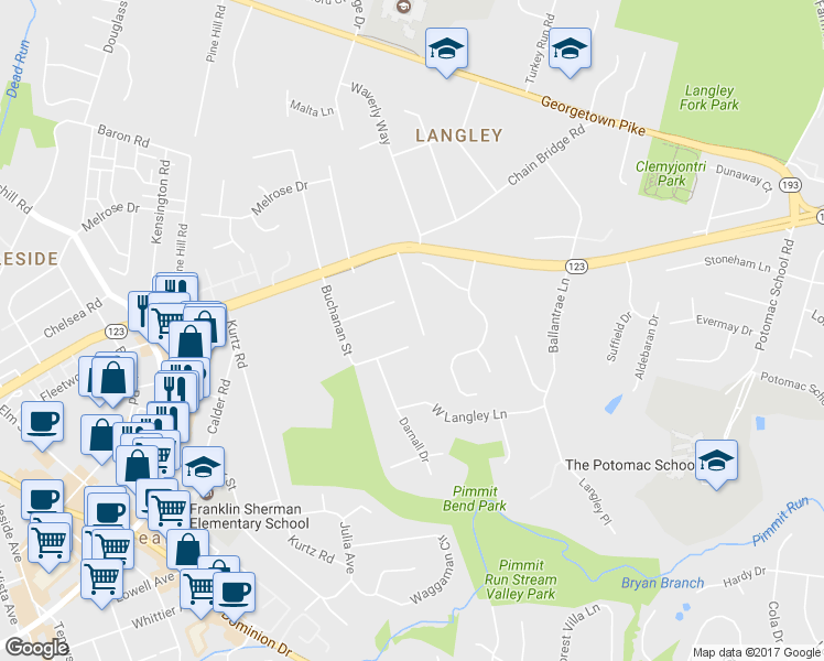 map of restaurants, bars, coffee shops, grocery stores, and more near 6530 Sothoron Road in McLean