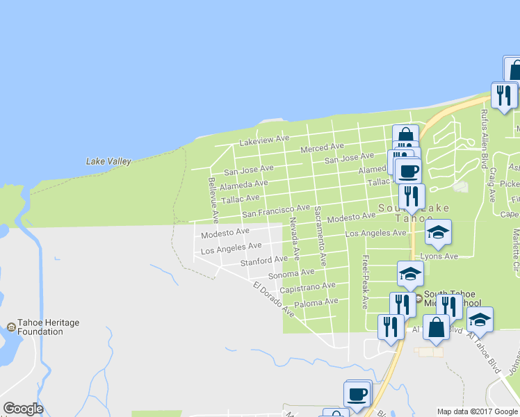 map of restaurants, bars, coffee shops, grocery stores, and more near 777 San Francisco Avenue in South Lake Tahoe