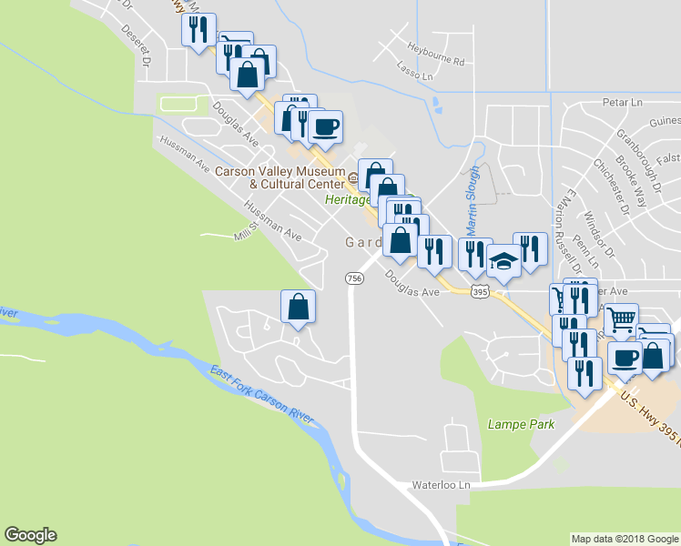 map of restaurants, bars, coffee shops, grocery stores, and more near 1206 Gilman Avenue in Gardnerville