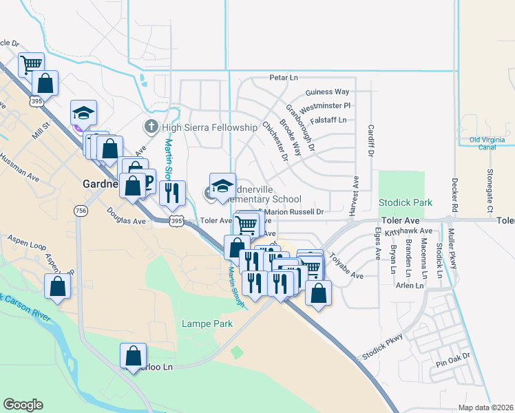 map of restaurants, bars, coffee shops, grocery stores, and more near 1320 East Marion Russell Drive in Gardnerville
