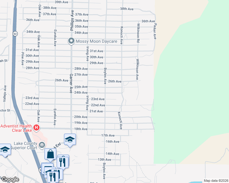map of restaurants, bars, coffee shops, grocery stores, and more near 16198 24th Avenue in Clearlake