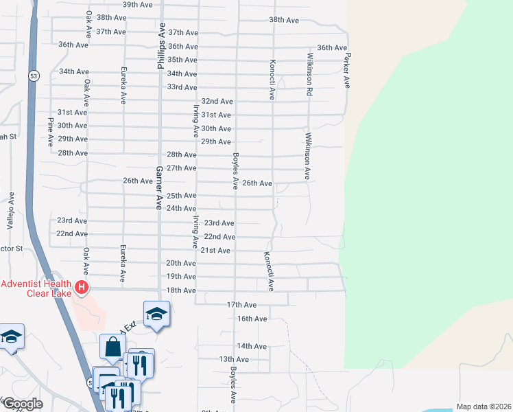 map of restaurants, bars, coffee shops, grocery stores, and more near 16163 24th Avenue in Clearlake