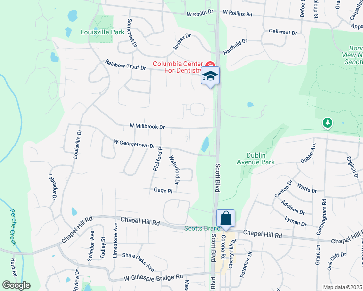 map of restaurants, bars, coffee shops, grocery stores, and more near 4503 West Georgetown Drive in Columbia