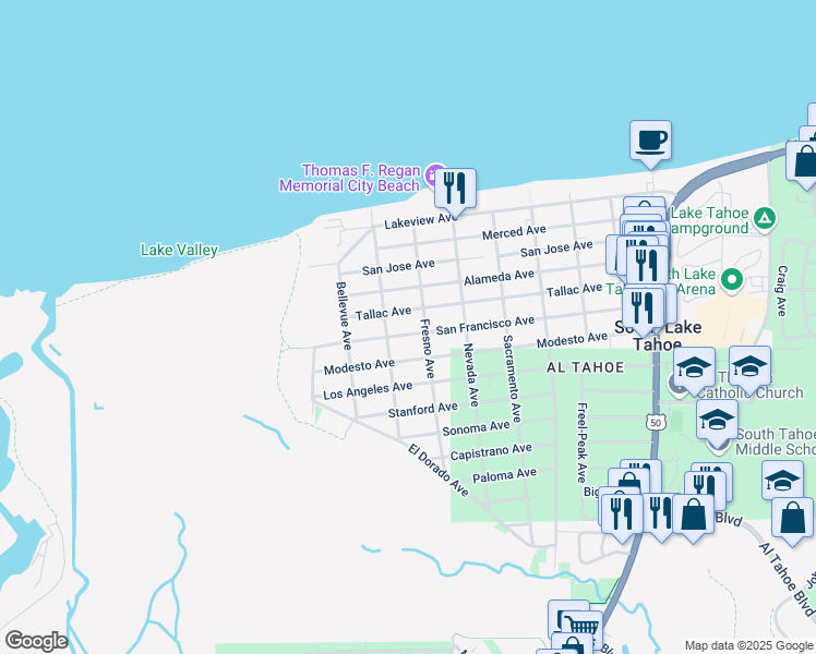 map of restaurants, bars, coffee shops, grocery stores, and more near 769 San Francisco Avenue in South Lake Tahoe