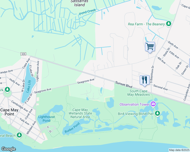 map of restaurants, bars, coffee shops, grocery stores, and more near Sunset Boulevard in Cape May County
