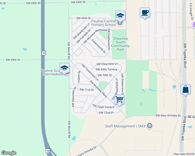 map of restaurants, bars, coffee shops, grocery stores, and more near 7012 Southwest Towerview Lane in Topeka